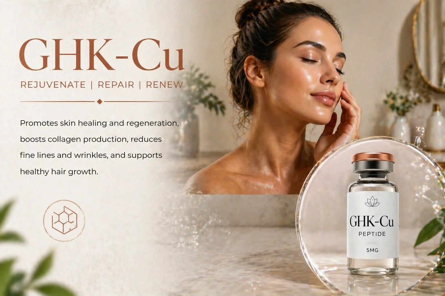 A woman with moist skin touching her cheek, promoting GHK-Cu skincare product. The image features a bottle labeled GHK-Cu Peptide 5MG, with text highlighting benefits like skin healing, collagen boost, wrinkle reduction, and healthy hair support. The background has a soft, elegant setting with plants and a mirror.