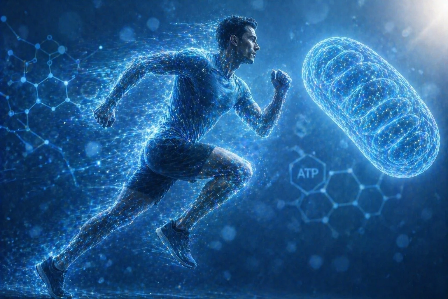 Digital rendering of a man running, composed of blue interconnected lines and dots, with a large digital mitochondria on the right and molecular structures in the background.