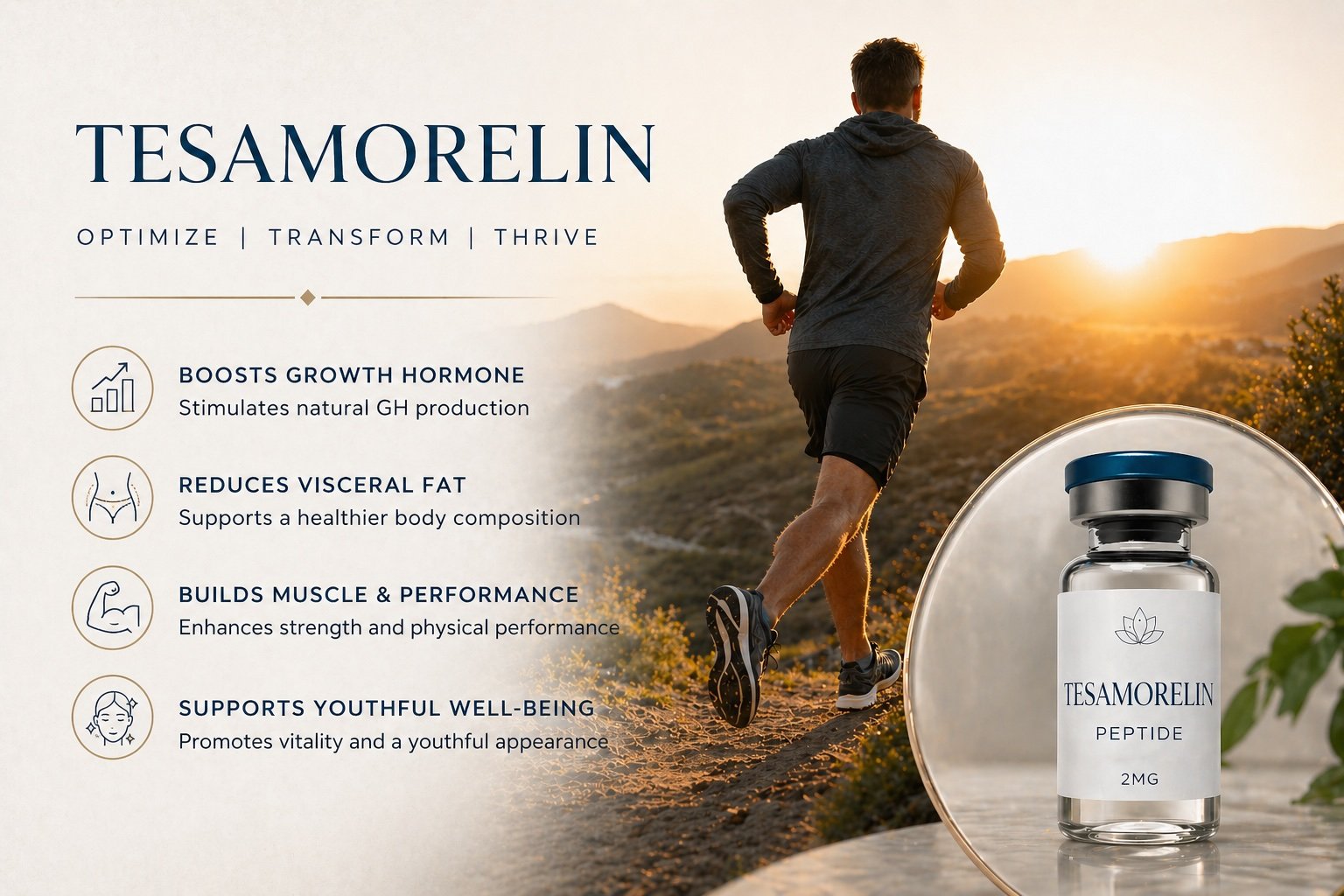 A man running outdoors at sunset, promoting Tesamorelin peptide supplement for health benefits such as hormone boosting, fat reduction, muscle building, and overall well-being, with a bottle of Tesamorelin peptide shown in the foreground.