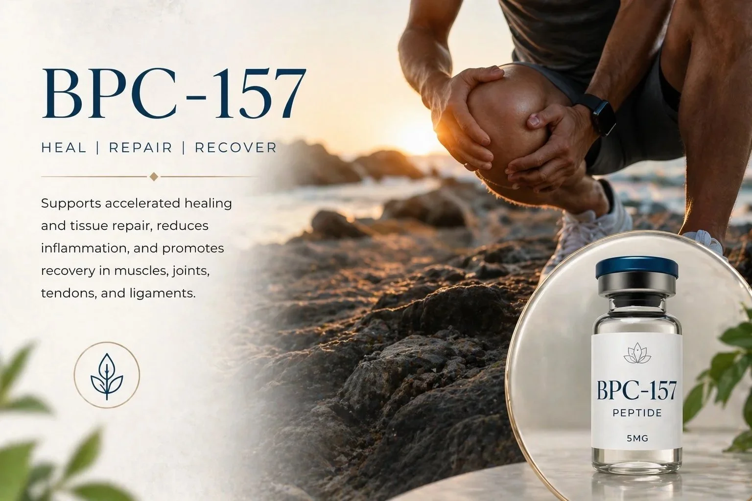 A promotional image for BPC-157, a peptide supplement, showing a man kneeling on rocks by the water at sunset holding his knee, with a bottle of BPC-157 peptide supplement in the foreground.