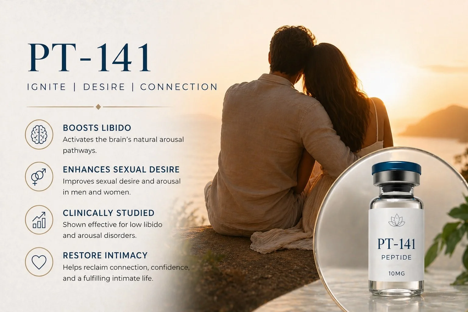 Advertisement for PT-141 peptide showing a couple sitting by a body of water during sunset, with a bottle of PT-141 peptide in the foreground. The advertisement highlights benefits such as boosting libido, enhancing sexual desire, and restoring intimacy.
