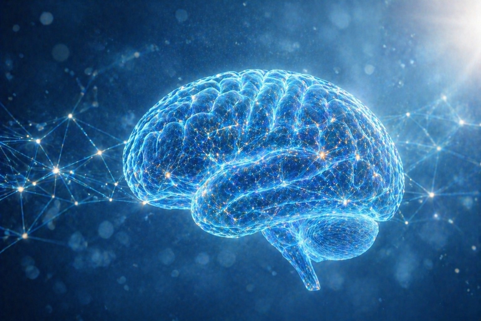 Digital illustration of a human brain composed of glowing interconnected lines and points, set against a dark blue background with a network of similar points and lines surrounding it.