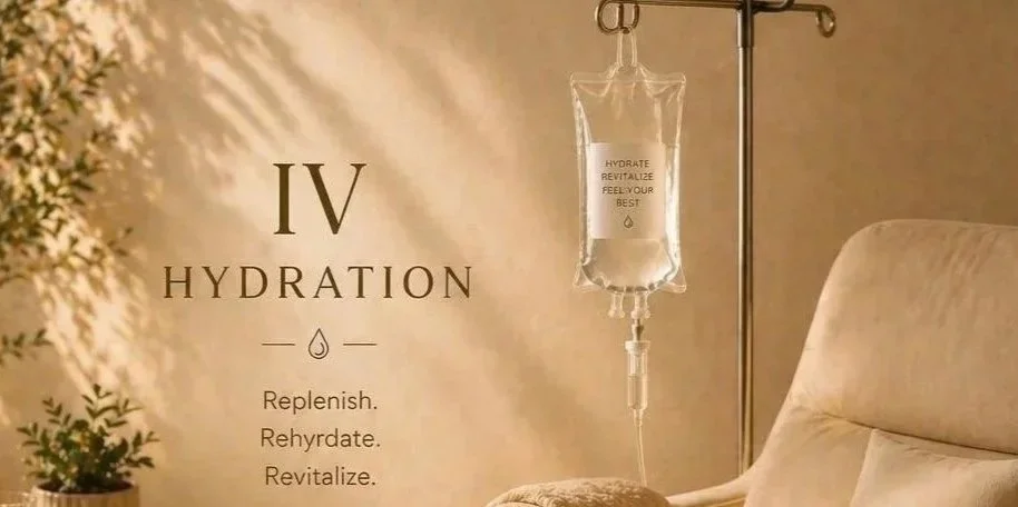 An IV hydration therapy drip bag hanging beside a cozy armchair in a warm-lit room with plants, promoting hydration and rejuvenation.