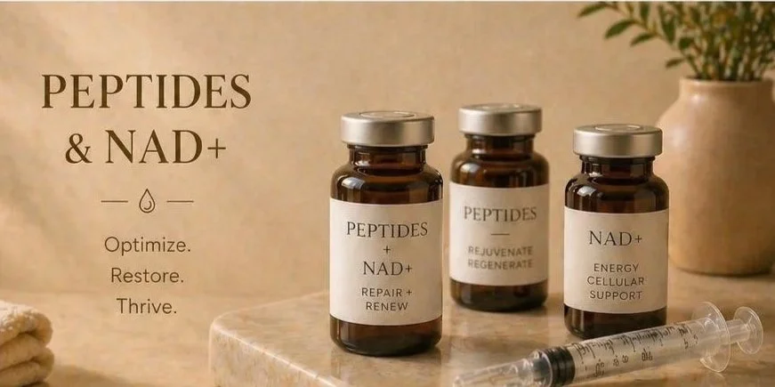 Three brown bottles labeled 'Peptides + NAD+', 'Peptides', and 'NAD+', with a syringe in front, on a stone surface. A beige background with text promoting peptides and NAD+ for health benefits and a potted plant in the background.
