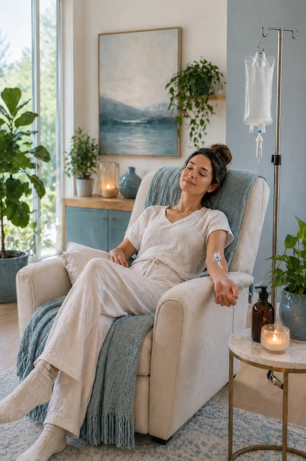 A woman receiving IV infusion in a comfortable living room with plants, artwork, and candles.