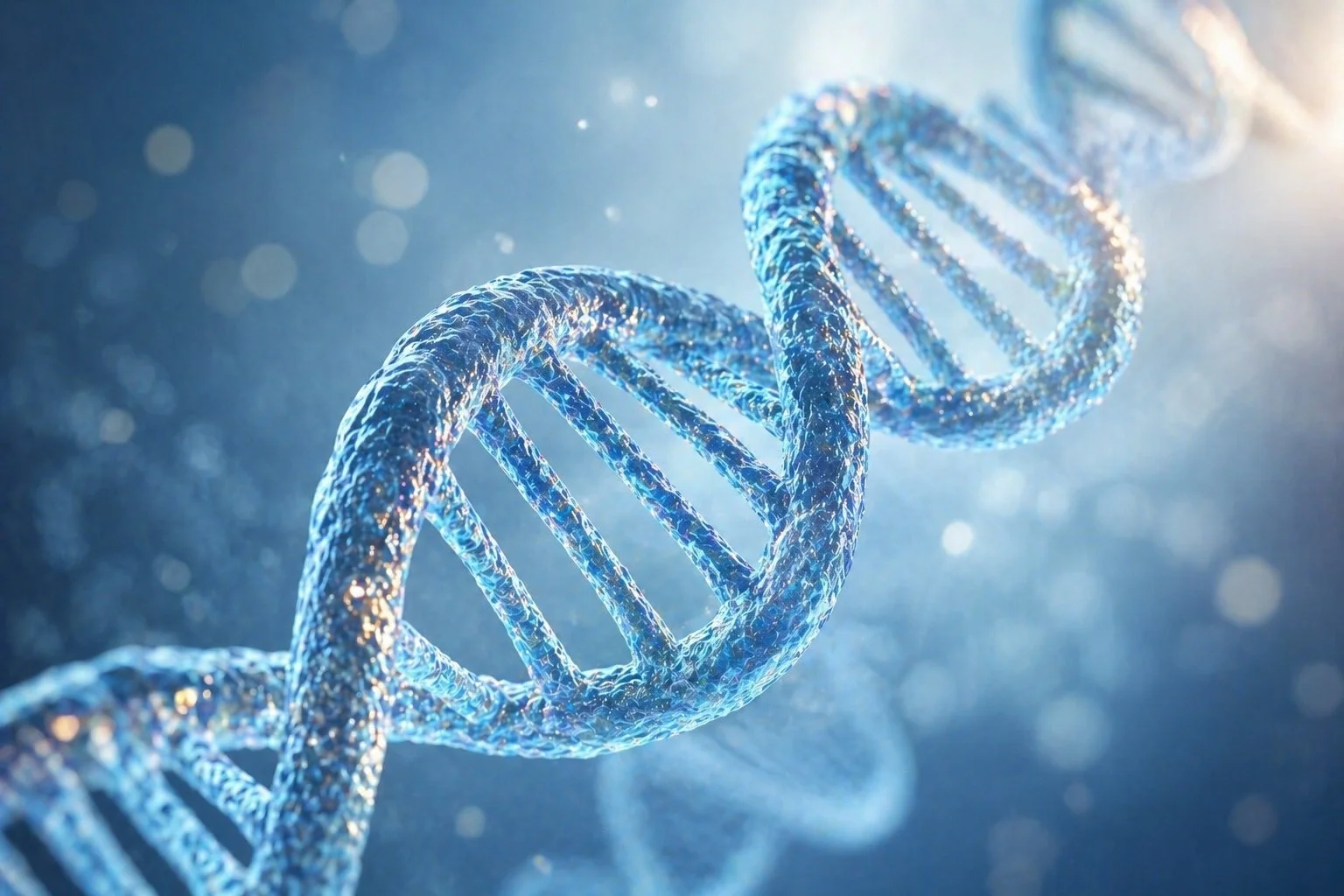 Close-up of a glowing double helix DNA strand in a blue and white digital rendering, with light particles in the background.