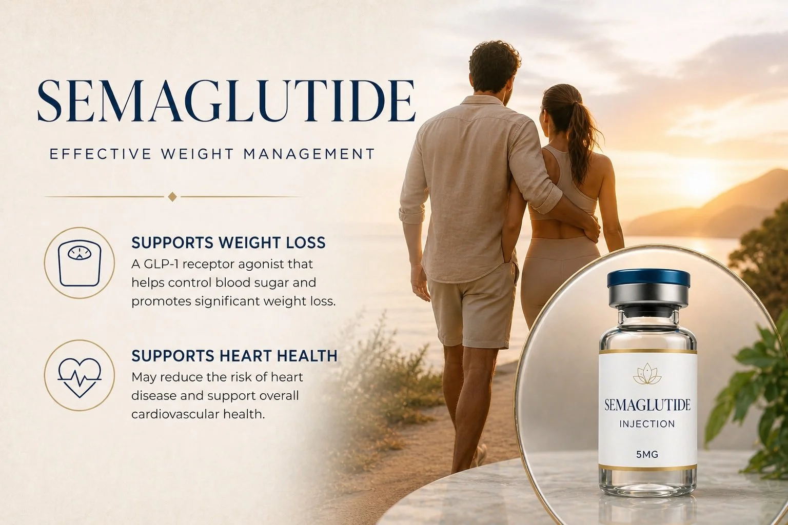 Advertisement for Semaglitude injection featuring a man and woman walking together at sunset by a river, with a bottle of Semaglitude injection 5mg in the foreground.