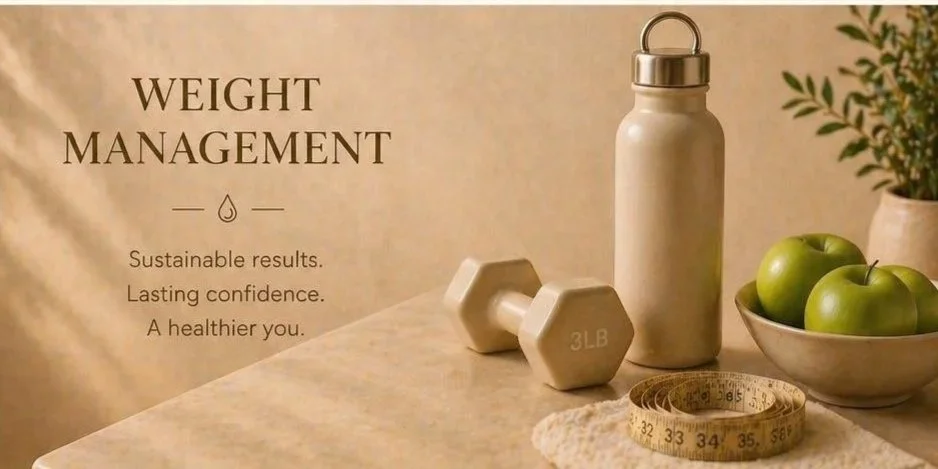 Flat lay of a beige marble surface with a white water bottle, a pair of 3-pound dumbbells, a ceramic bowl of green apples, a white measuring tape, and a potted plant in the background. The image promotes weight management with the text 'Weight Management' and phrases like 'Sustainable results,' 'Lasting confidence,' and 'A healthier you' on the left.