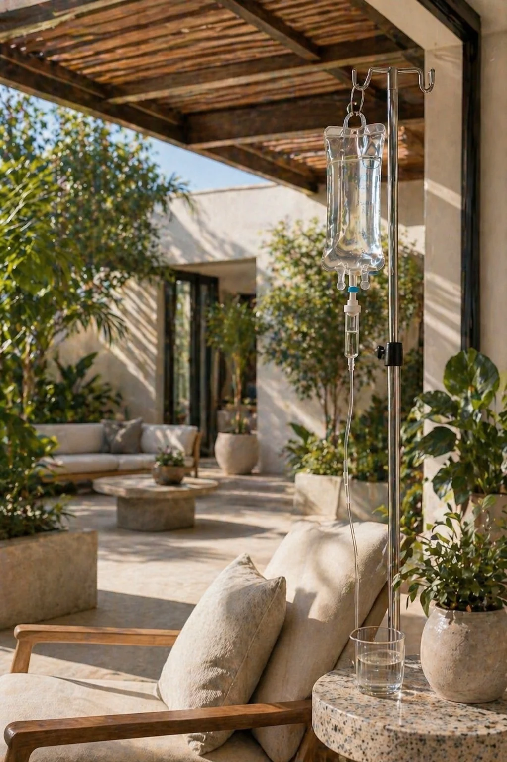An IV drip with a bag hangs on a stand in an outdoor patio area with cushioned seating, potted plants, and a wooden pergola overhead.