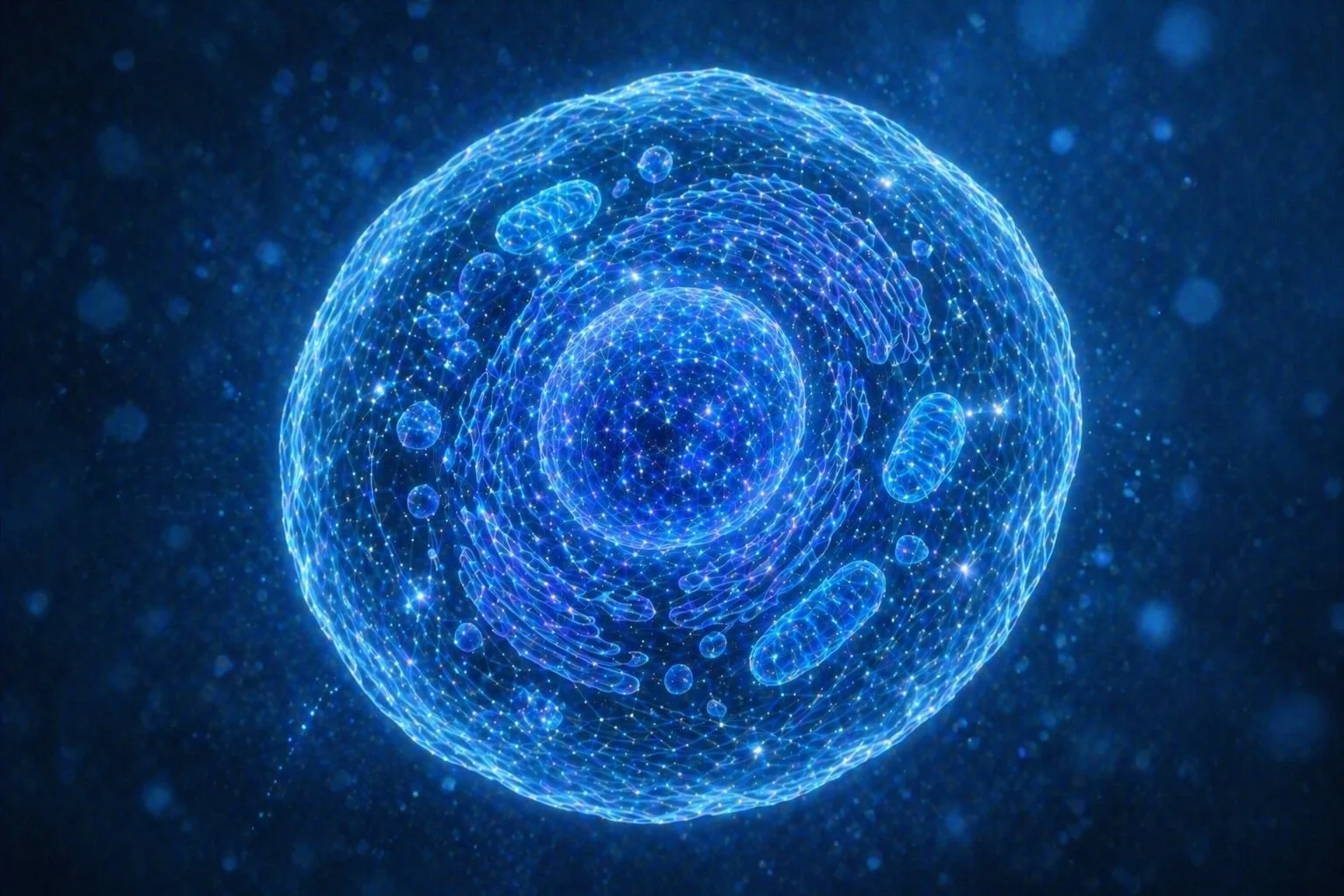 Digital illustration of a cell in blue glowing lines with internal structures visible against a dark background.