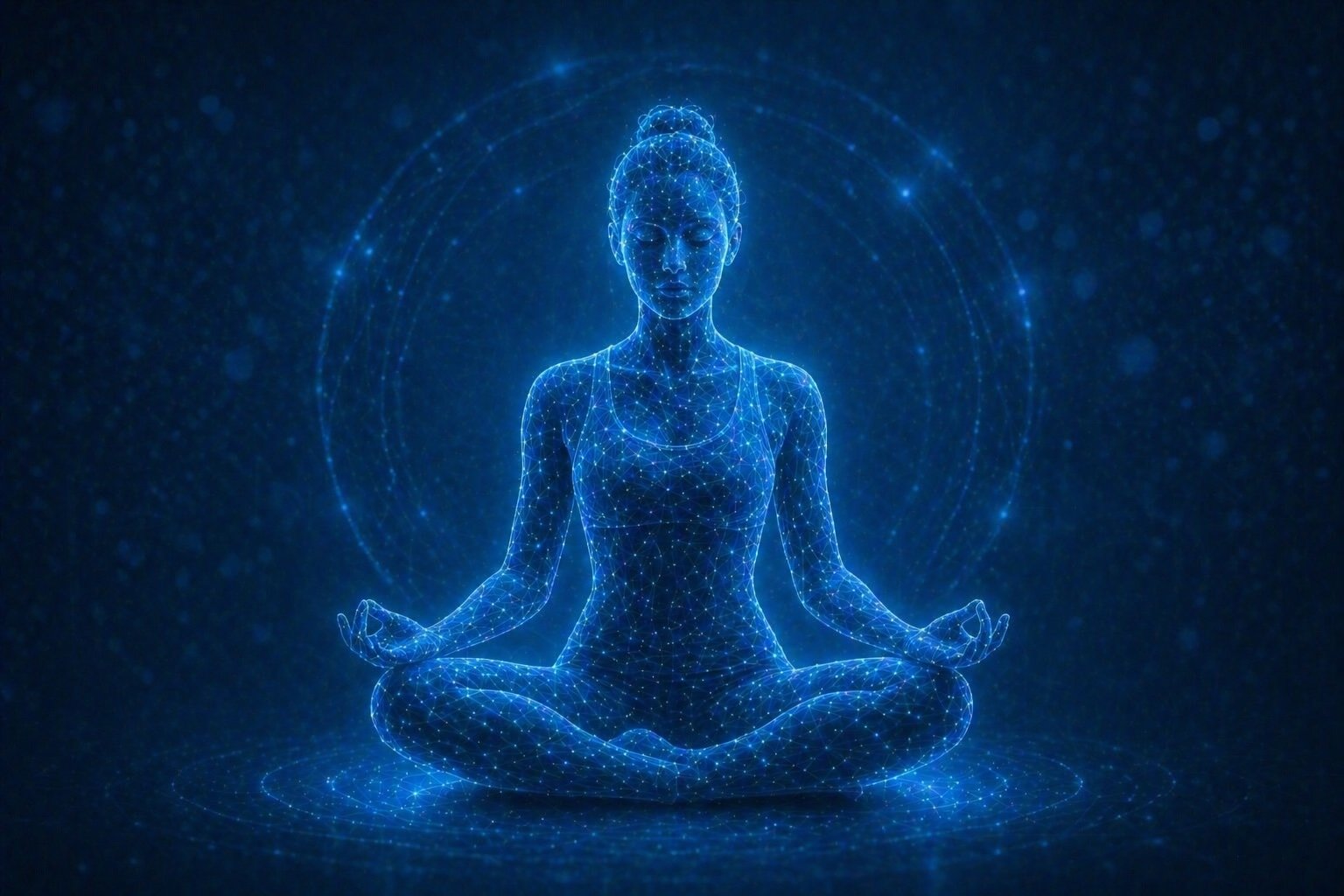 A digital illustration of a woman in a meditative yoga pose, composed of glowing blue lines and dots with a cosmic background.