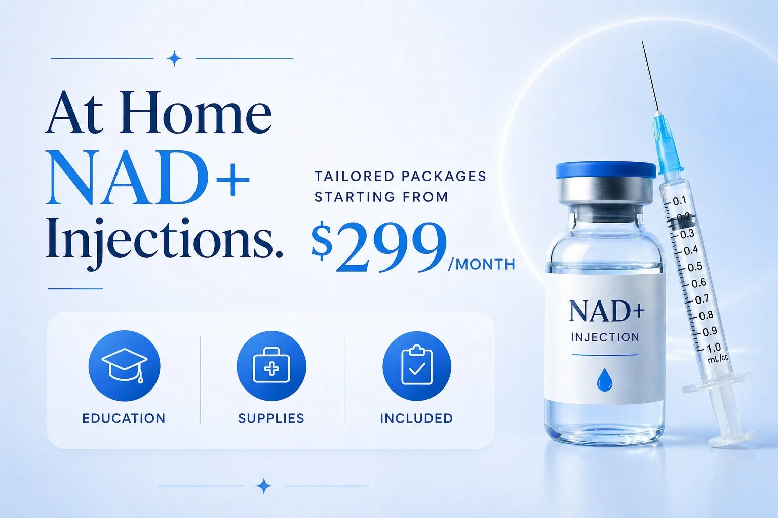 Advertisement for at-home NAD+ injections with a vial and syringe showing a price starting at $299 per month, highlighting education, supplies, and included features.