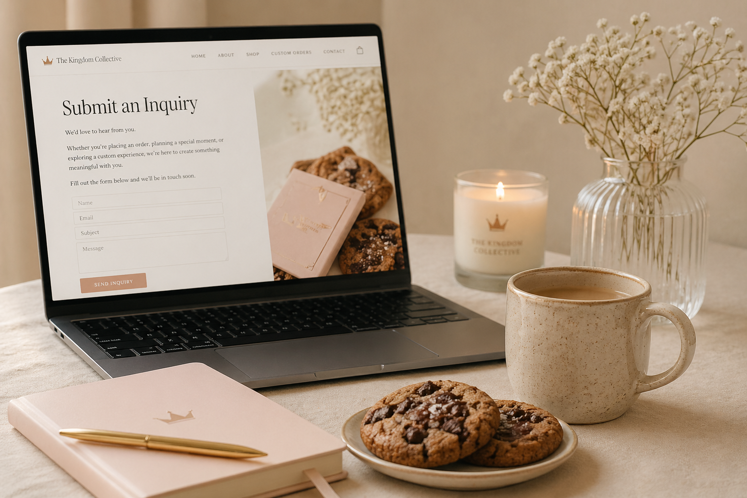 A laptop on a table displays a 'Submit an Inquiry' webpage for The Kingdom Collective. Next to the laptop, there is a beige speckled mug filled with coffee, a plate with two chocolate chip cookies, a pink notebook with a gold pen, a lit candle with the company's logo, and a clear vase with white baby's breath flowers.