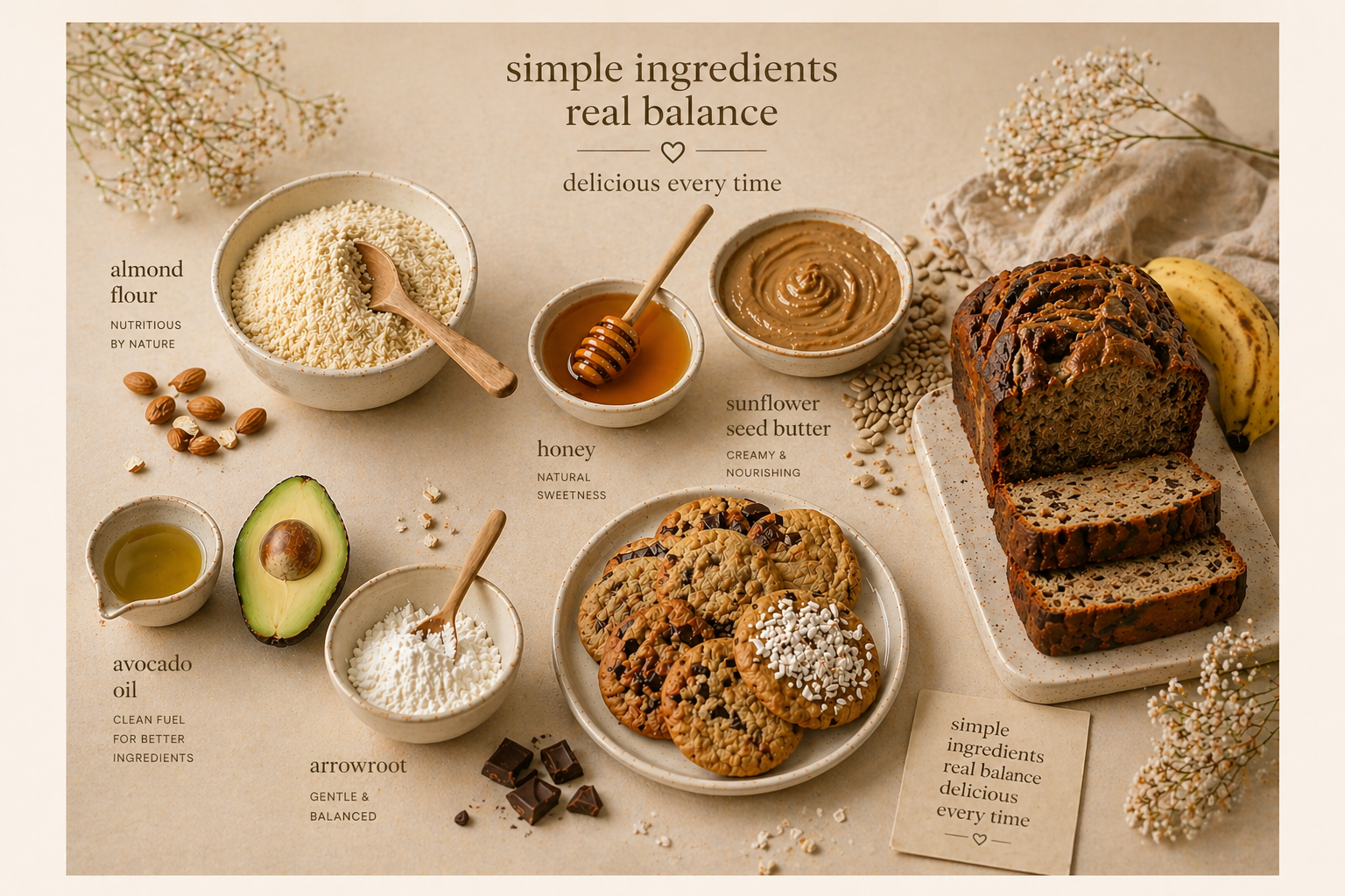 Arrangement of ingredients including almond flour, honey, sunflower seed butter, avocado oil, arrowroot powder, oatmeal cookies, banana, and bread with flowers around, emphasizing simple, natural ingredients like almond flour, honey, and seed butter.