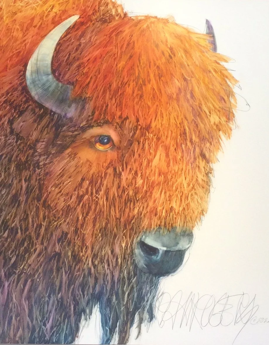 A vibrant painting of a bison by Sarah Rogers.