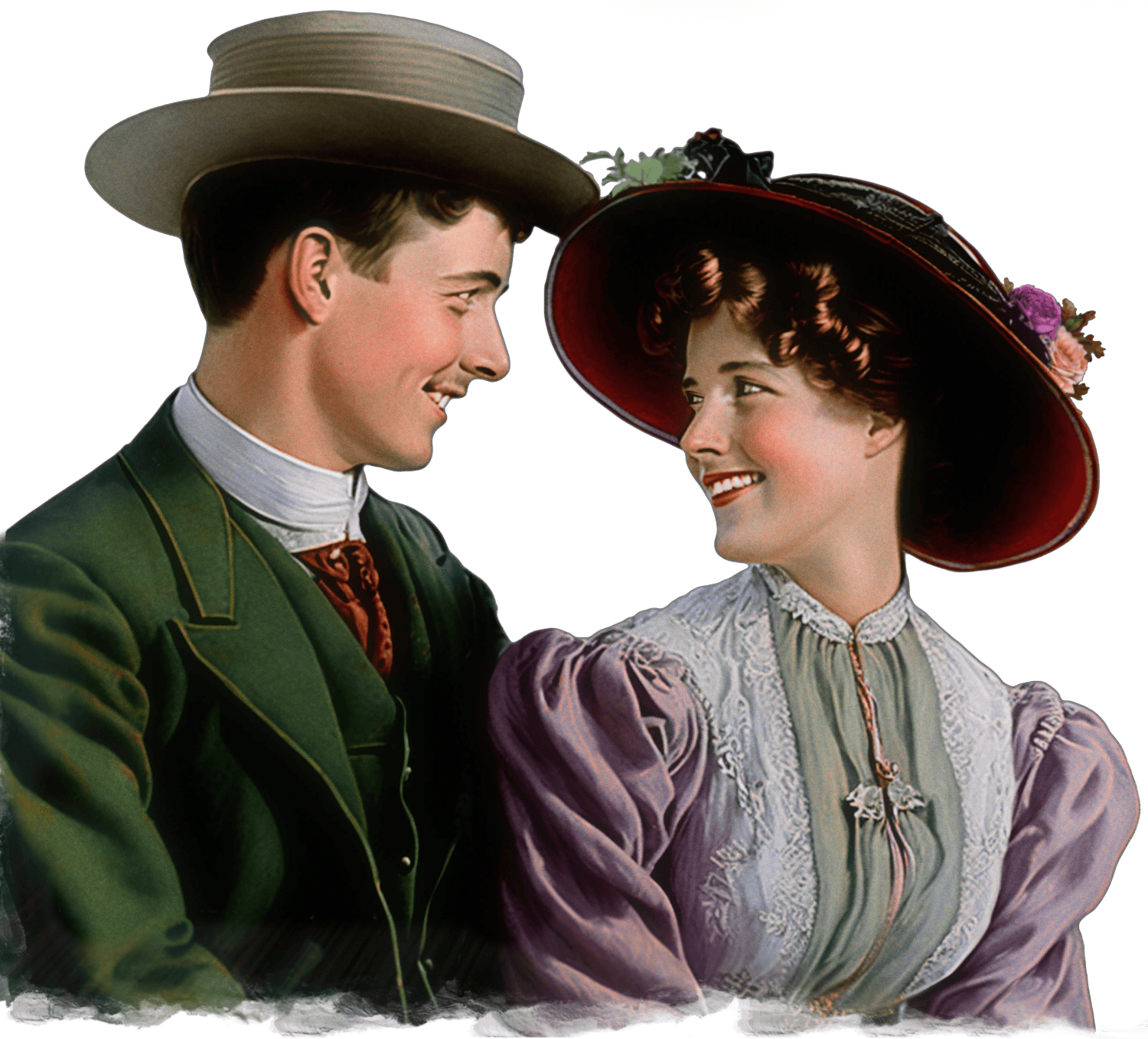 A man and woman dressed in old-fashioned clothing are smiling at each other, with the man wearing a green suit and a wide-brimmed hat, and the woman wearing a purple dress and a large, decorated hat.