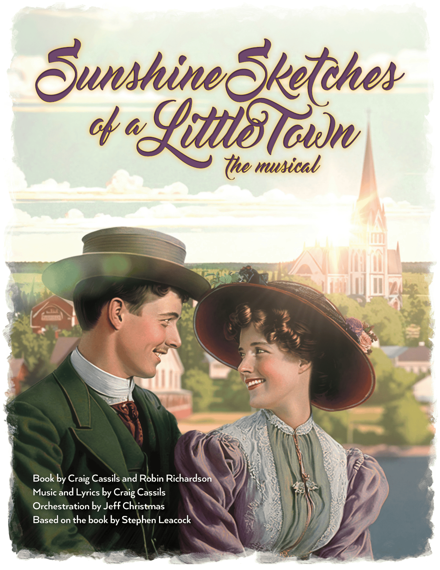 Promotional poster for the musical 'Sunshine Skies of a Little Town,' showing a smiling young man and woman dressed in vintage clothing, with a town and church steeple in the background.
