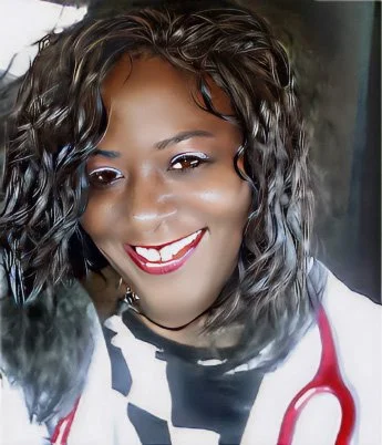 A woman smiling with curly dark hair, wearing a white shirt with black and red accents, and a stethoscope around her neck.