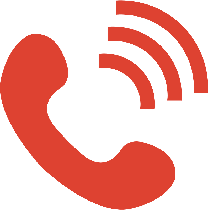 An icon of a red telephone receiver with signal waves indicating a call or phone call.