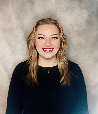 Portrait of a smiling woman with blonde hair, wearing a black top and a necklace, against a neutral background.