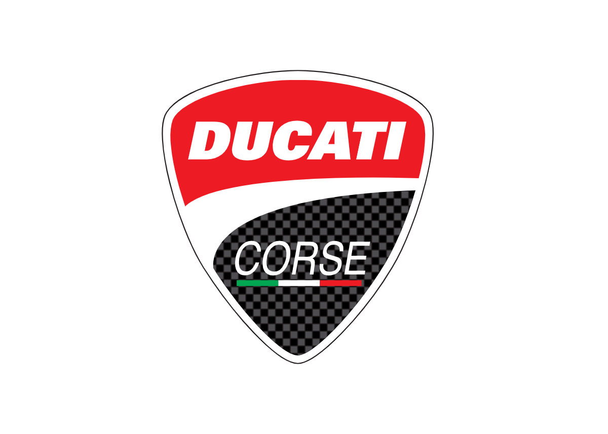 Logotipo de Ducati Corse, escudo con fondo negro, con los colores de la bandera italiana en la parte inferior, y la palabra 'DUCATI' en letras blancas en un fondo rojo, y 'CORSE' en letras blancas sobre un fondo con patrón de cuadros en negro y gris.