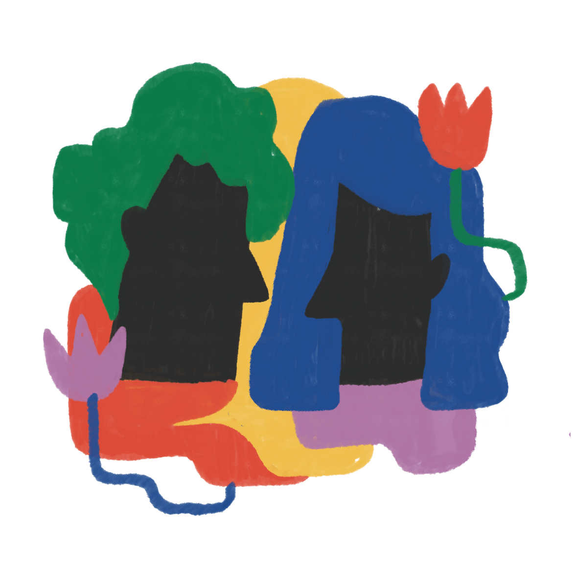 Illustration abstraite de deux visages en profil, un avec des cheveux verts et l'autre avec des cheveux bleus, entourés de fleurs colorées.
