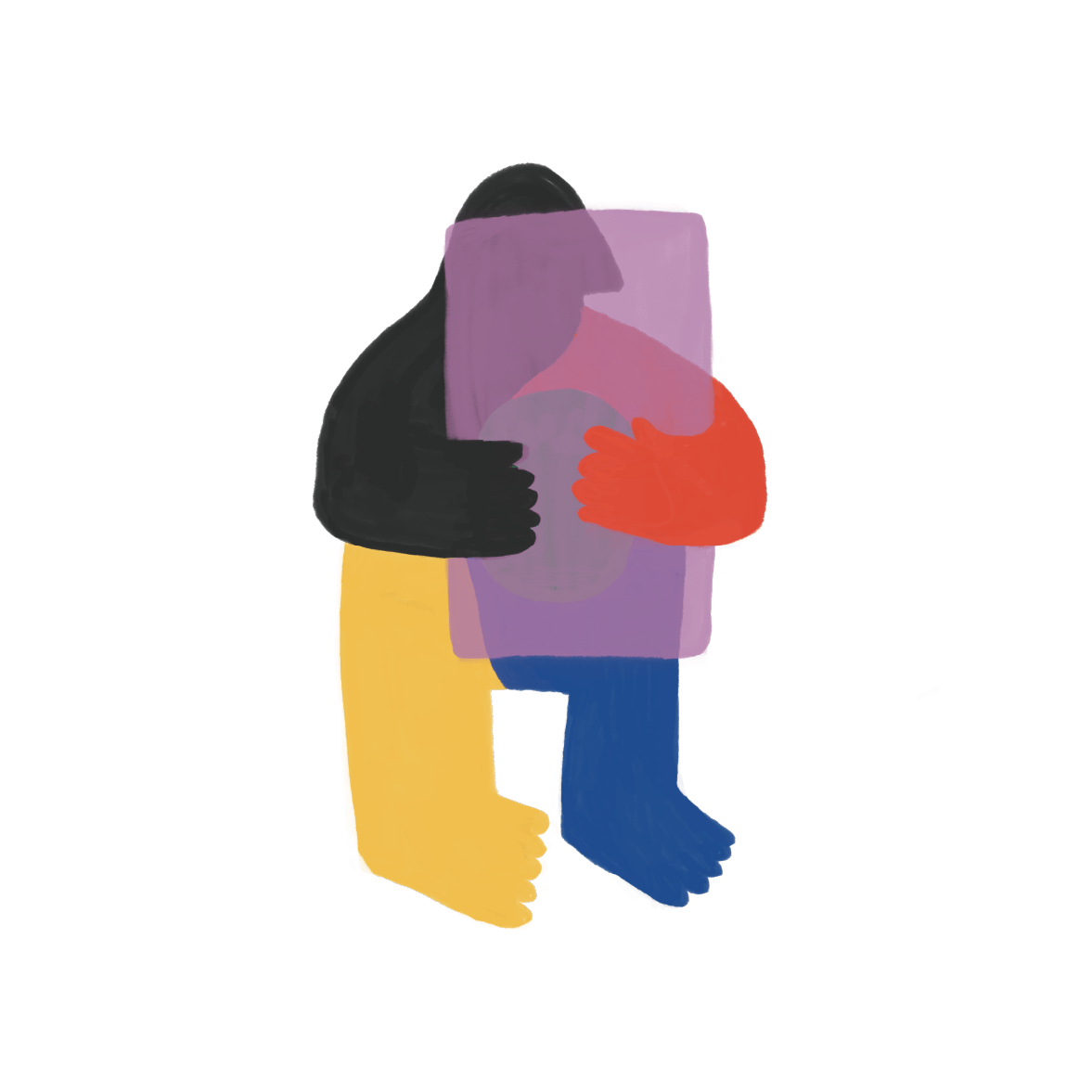 Illustration abstraite de deux personnes qui s'enlacent, l'une portant un manteau noir, l'autre un manteau rouge, et une personne portant un pantalon jaune et une autre en pantalon bleu, derrière un écran de téléphone ou tablette violette.