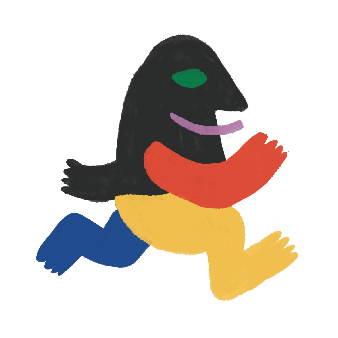 Illustration d'un animal coloré avec des membres de différentes couleurs, souriant.