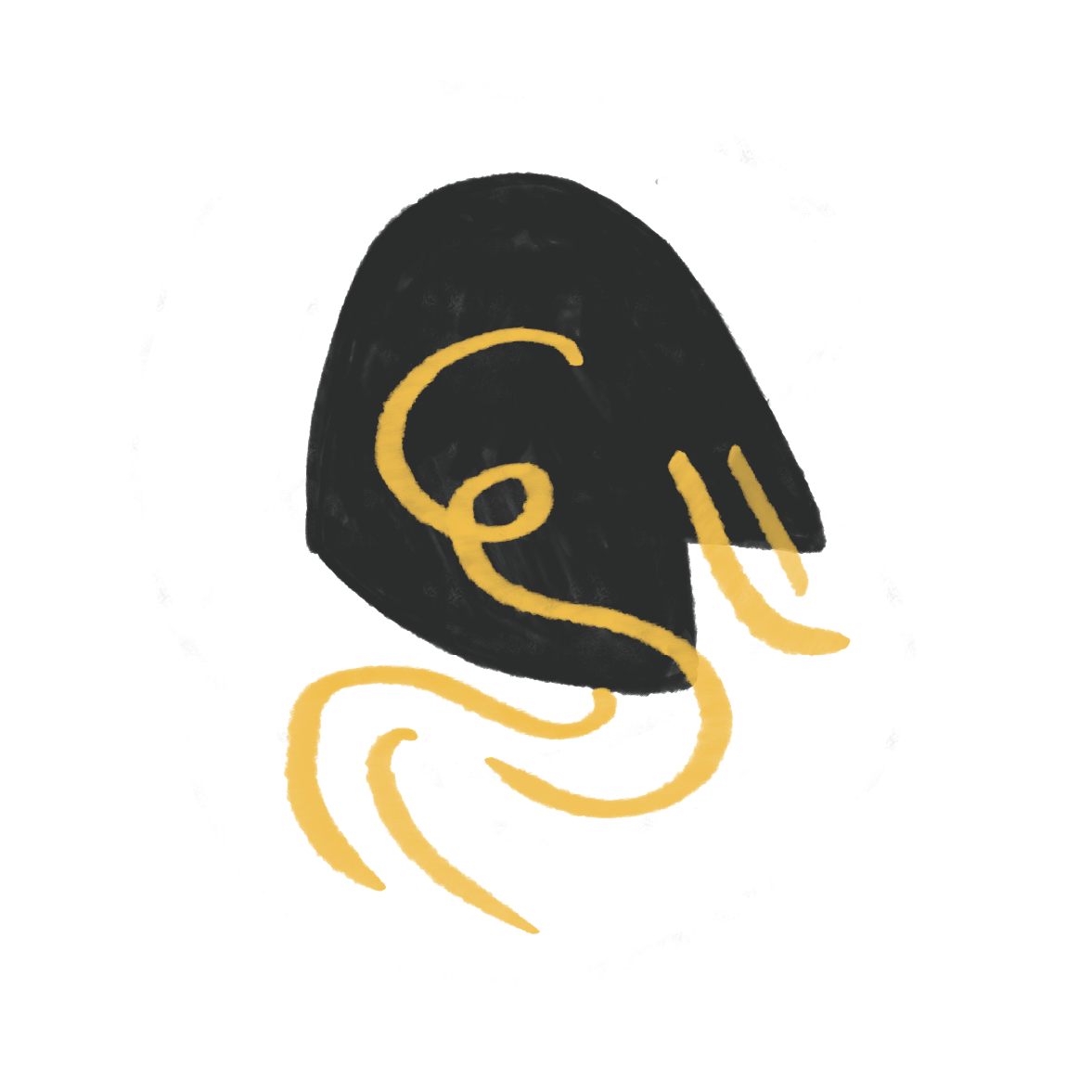 Dessin simple d'une oreille avec un câble de micro ou écouteur jaune entourée de lignes gris foncé, sur fond noir.