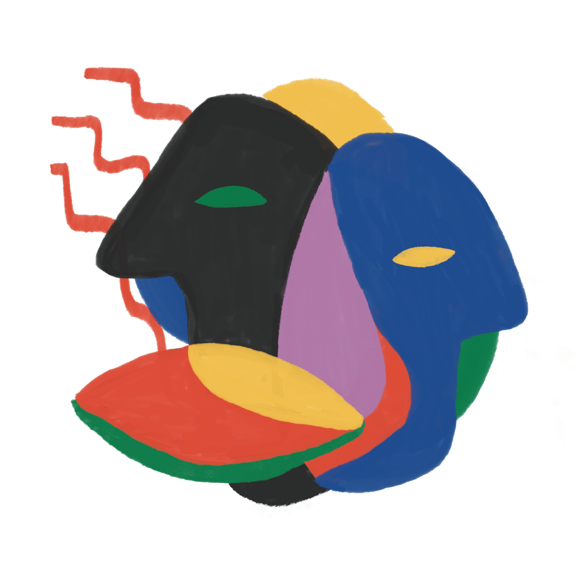 illustration abstraite de deux visages stylisés de couleur vive et formes géométriques, avec des détails en rouge et vert