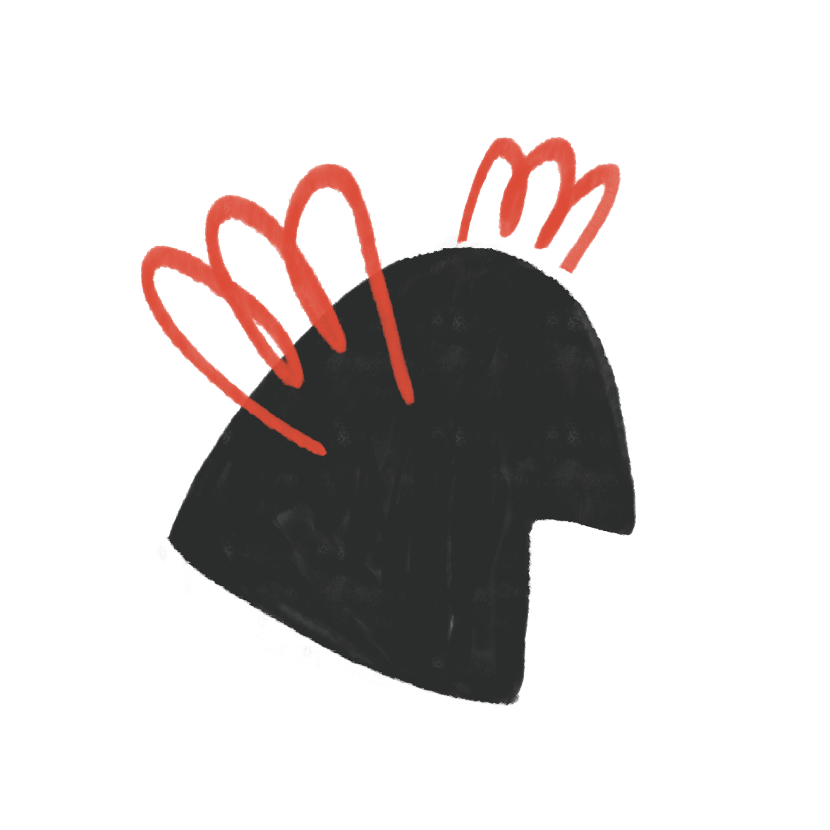 Profil d'une tête humaine stylisée en noir avec des lignes rouges représentant des cheveux ou des éléments décoratifs.