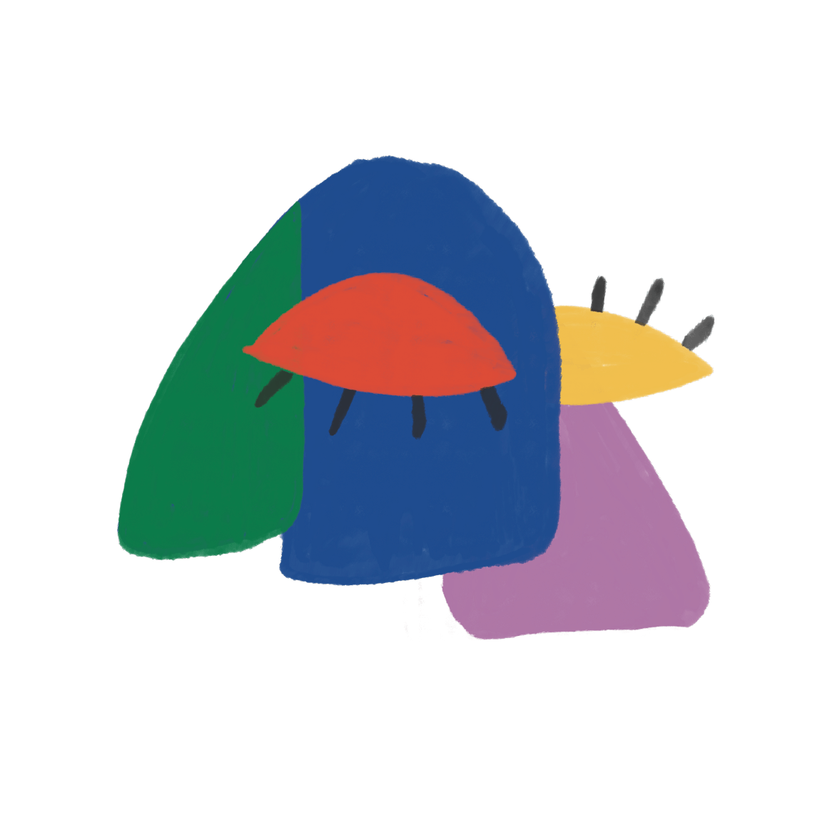 Illustration abstraite de formes colorées, ressemblant à un visage stylisé. Des couleurs vives comme le vert, bleu, rouge, jaune et violet, avec des traits noirs représentant des détails.
