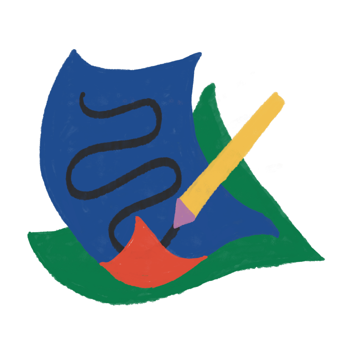 Une illustration abstraite avec un carnet bleu, un crayon jaune, une feuille verte, et des lignes noires décoratives, dans un style artistique et coloré.