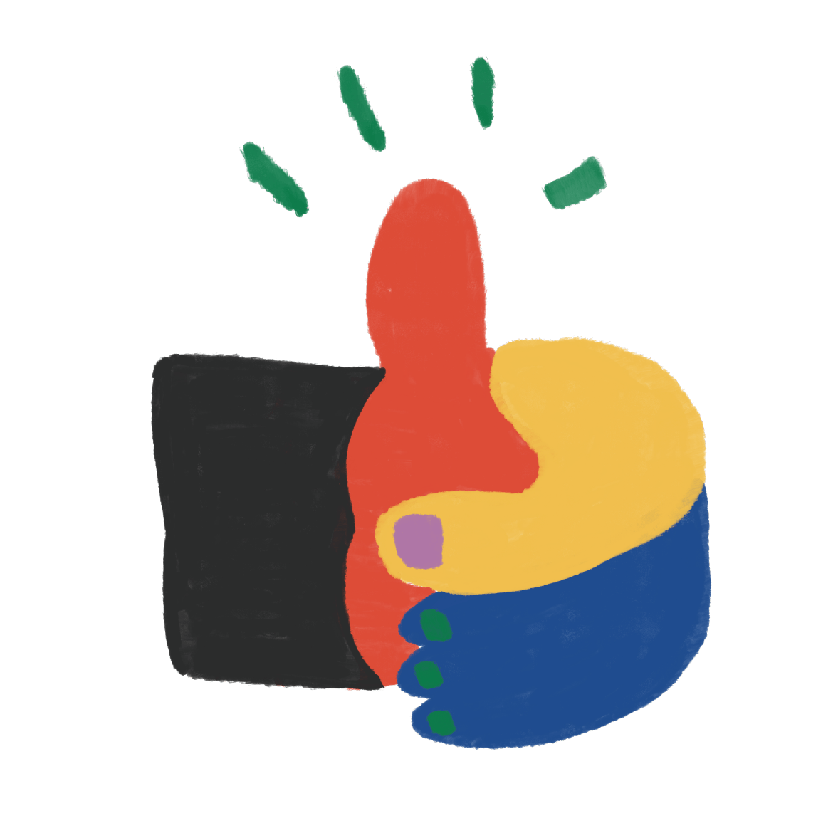 Illustration abstraite d'une main colorée tenant un téléphone portable, avec des éléments de design minimalistes et des couleurs vives.