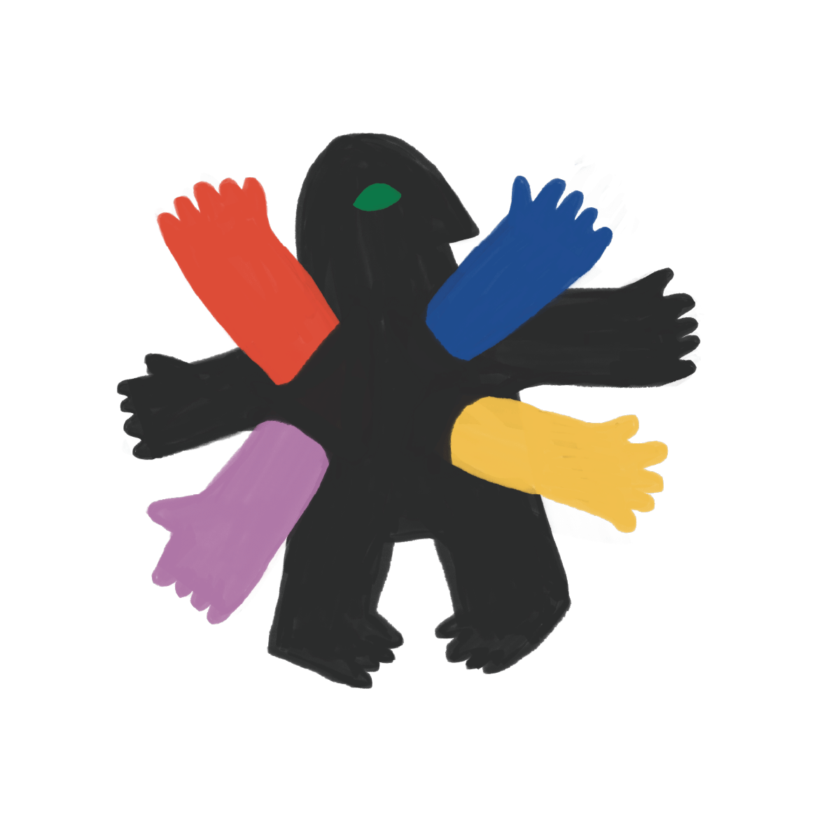 Un dessin abstrait représentant un personnage noir avec des bras colorés en rouge, violet, bleu et jaune, disposés en cercle.