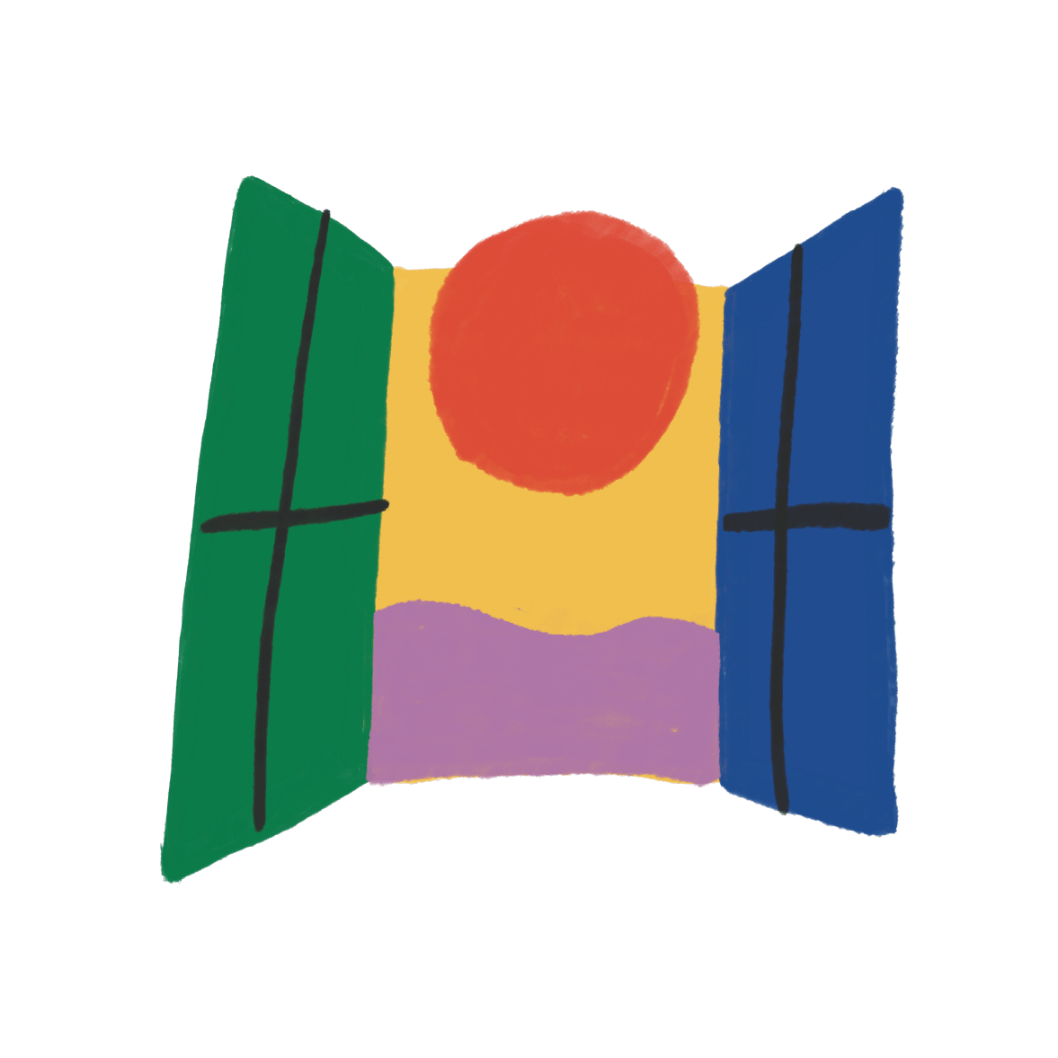 Une illustration stylisée d'un paysage vu d'une fenêtre ouverte avec volets verts et bleus. Un grand soleil rouge dans le ciel, un fond jaune avec des montagnes violettes en bas.