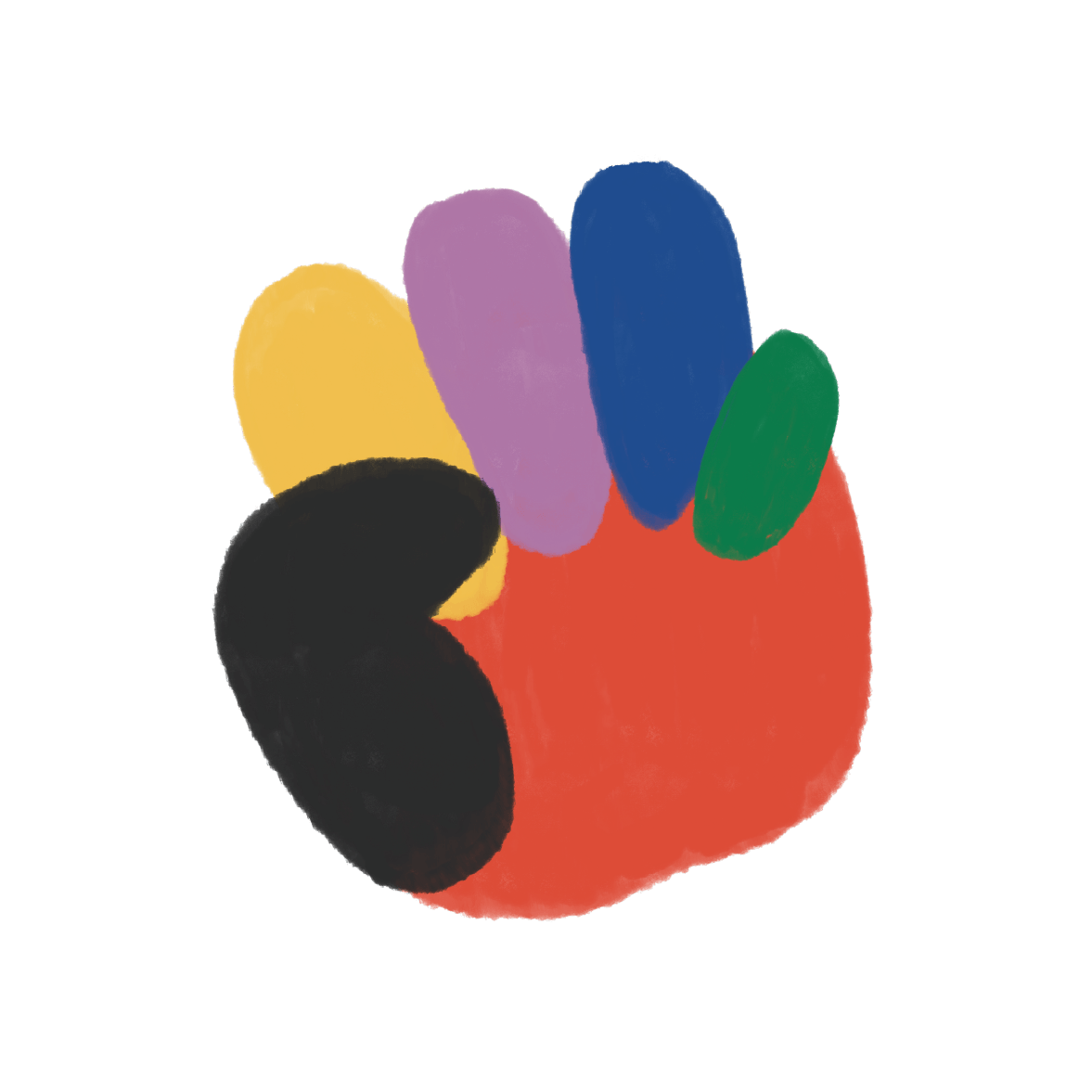 Une illustration simple d'une main colorée avec quatre doigts en couleurs vives (violet, bleu, vert et jaune) et une paume rouge, dessinée de manière abstraite et stylisée.