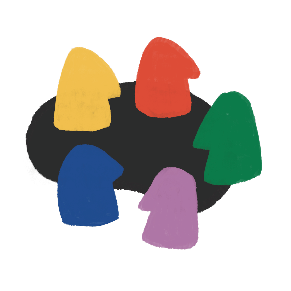 Cinq figurines de couleur différentes (jaune, rouge, verte, bleue, violette) disposées en cercle sur une surface noire.