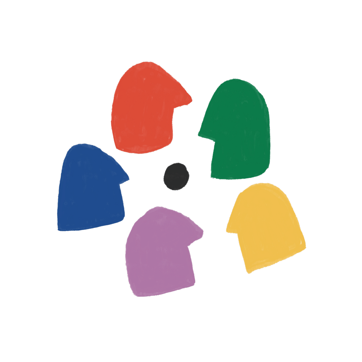 Diagramme avec cinq silhouettes de têtes colorées (rouge, verte, bleue, violette, jaune) disposées en cercle avec un point noir au centre.