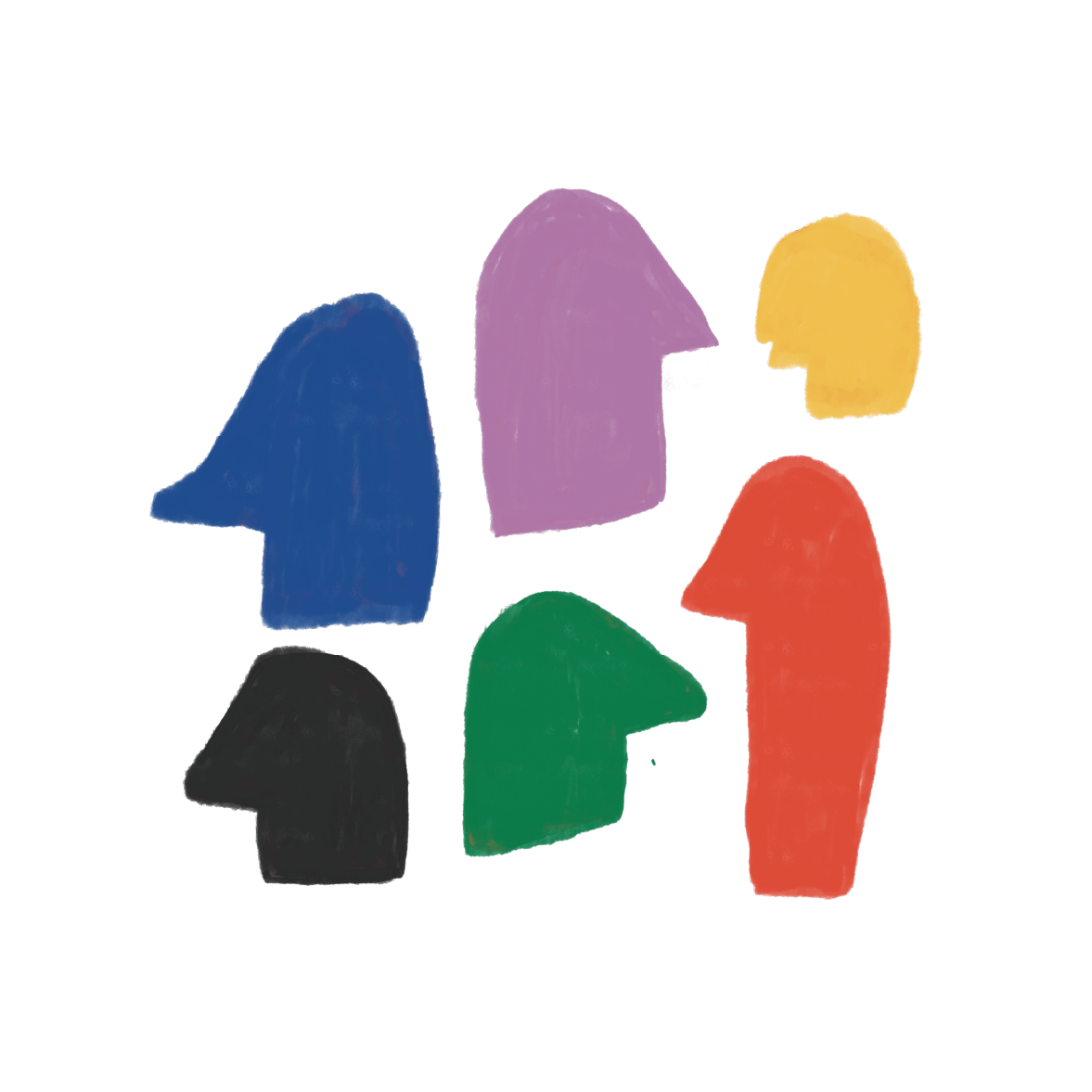Illustration abstraite représentant six profils de visages colorés en bleu, violet, jaune, noir, vert et orange, disposés de manière circulaire.