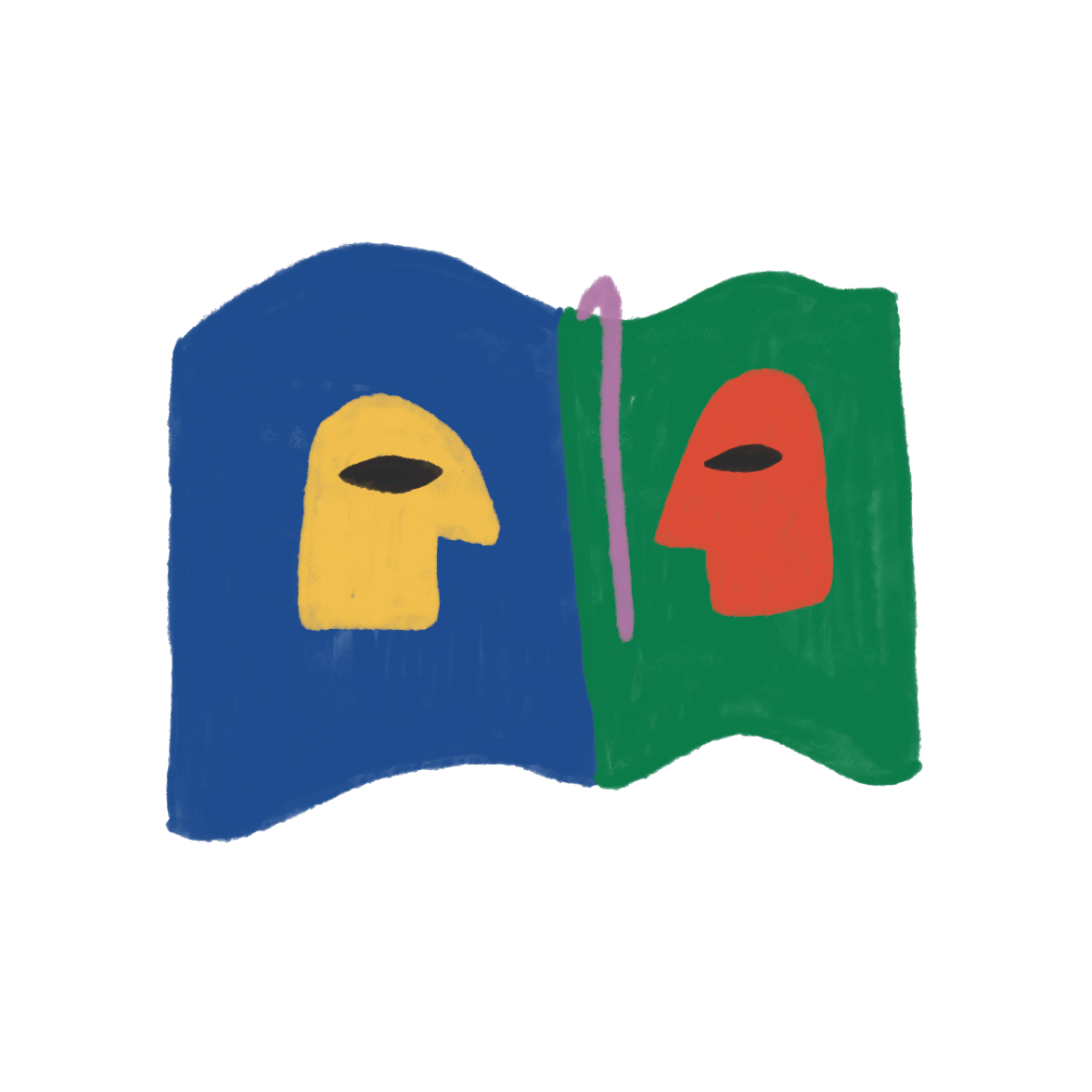 Une illustration abstraite représentant deux visages stylisés, un sur fond bleu avec une peau jaune, et l'autre sur fond vert avec une peau rouge, séparés par une ligne violette.