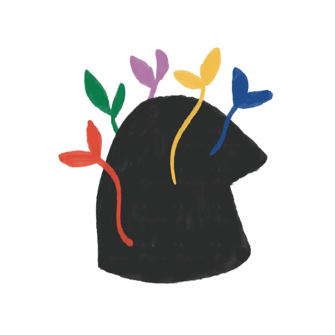 Un visage de profil noir avec des tiges colorées (rouge, vert, violet, jaune, bleu) émergeant de la tête, représentant la croissance ou la pensée.