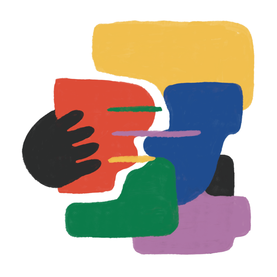 Illustration abstraite avec plusieurs formes colorées et une main noire stylisée, évoquant la communication ou les échanges.
