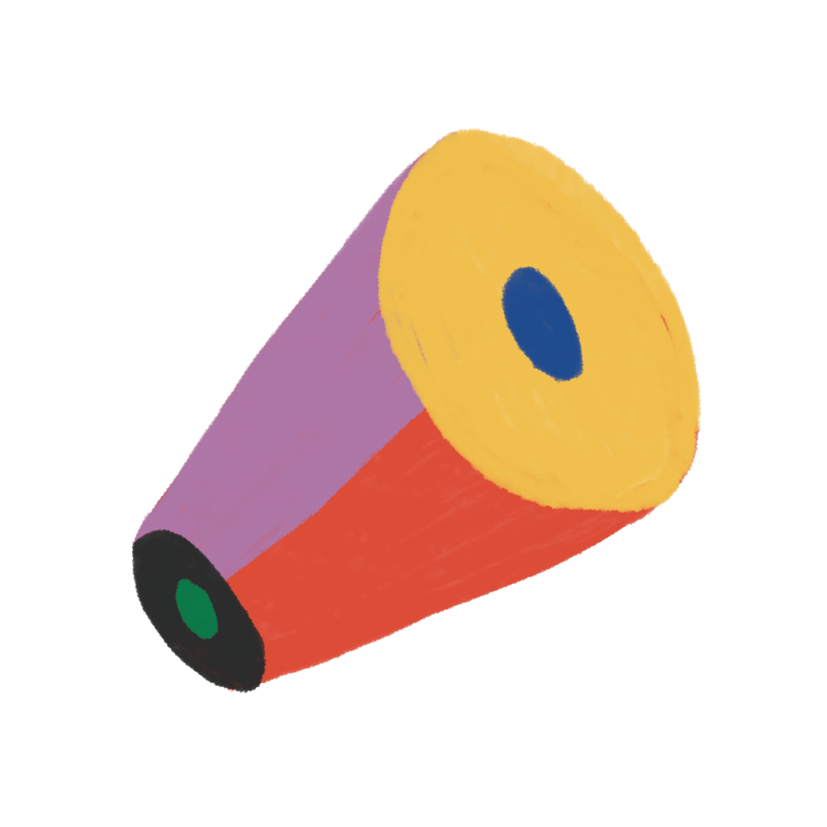 Illustration d'un rouleau de scotch coloré avec des sections violette, jaune, orange et noire.