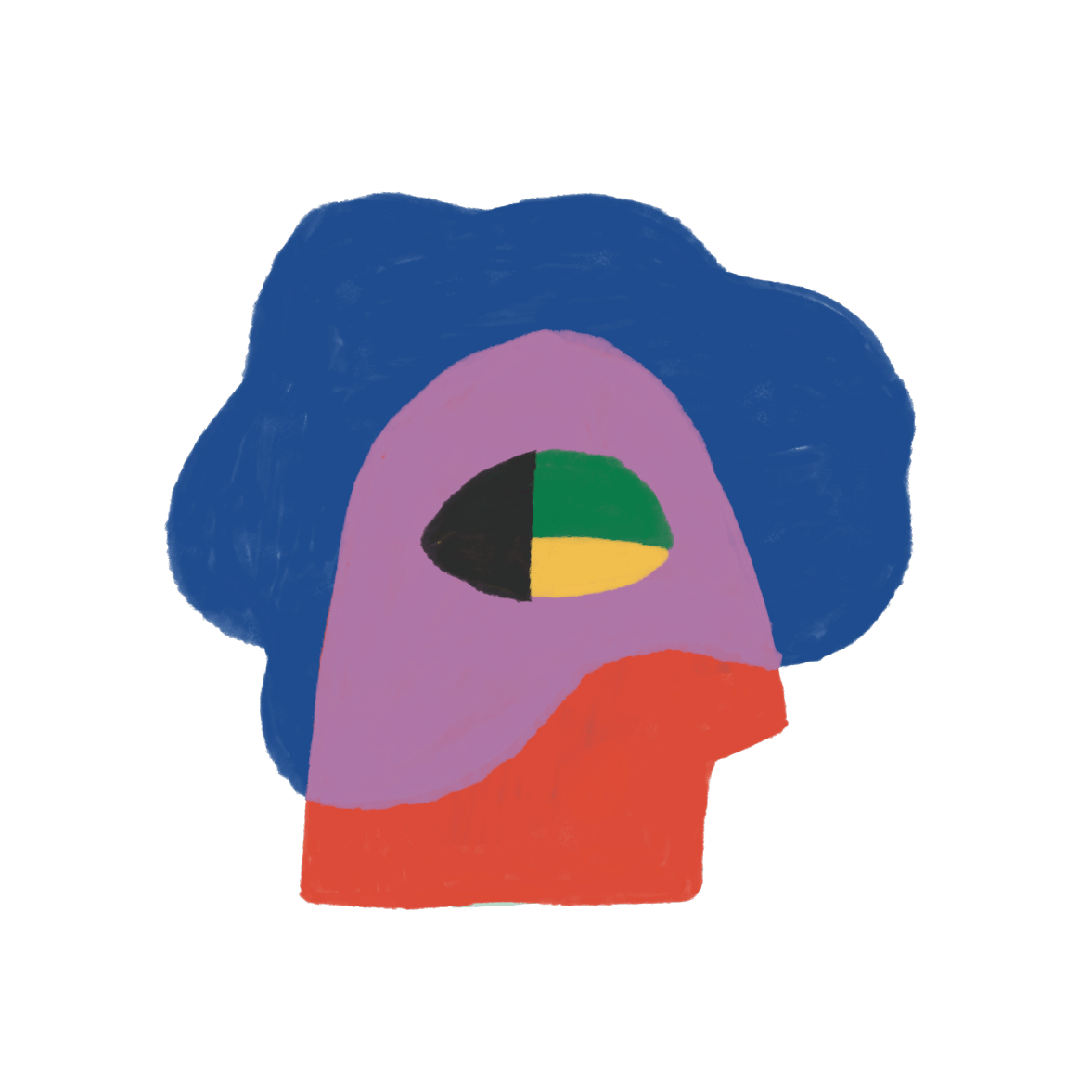 Illustration abstraite d'un visage stylisé avec une tête violette, une bouche rouge, et un œil composé de sections vert, jaune, et noir, avec des cheveux bleus.