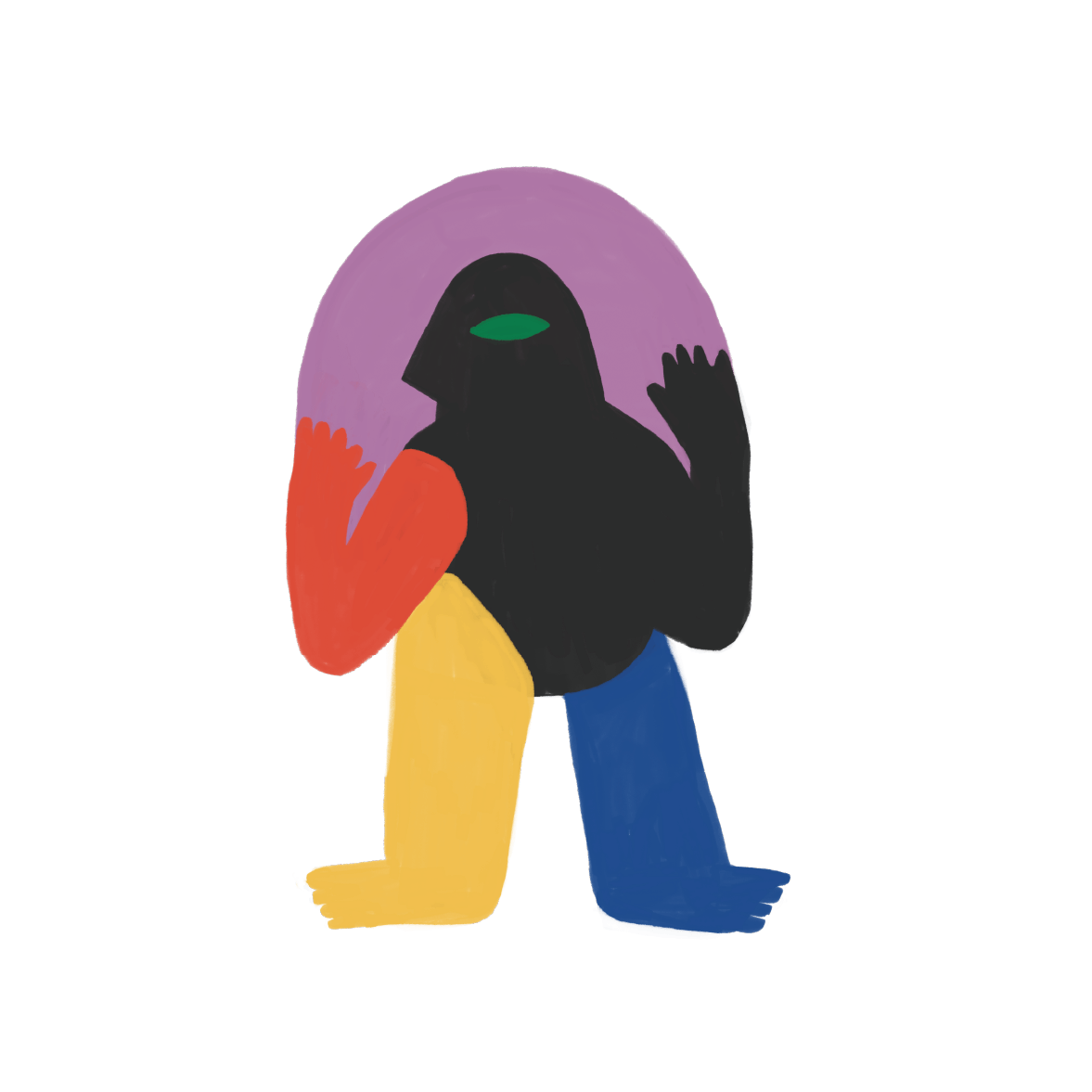 illustration abstraite d'une figure humanoïde aux bras levés, avec un masque ou visage noir, fond violet, vêtue de vêtements colorés (rouge, jaune, bleu)
