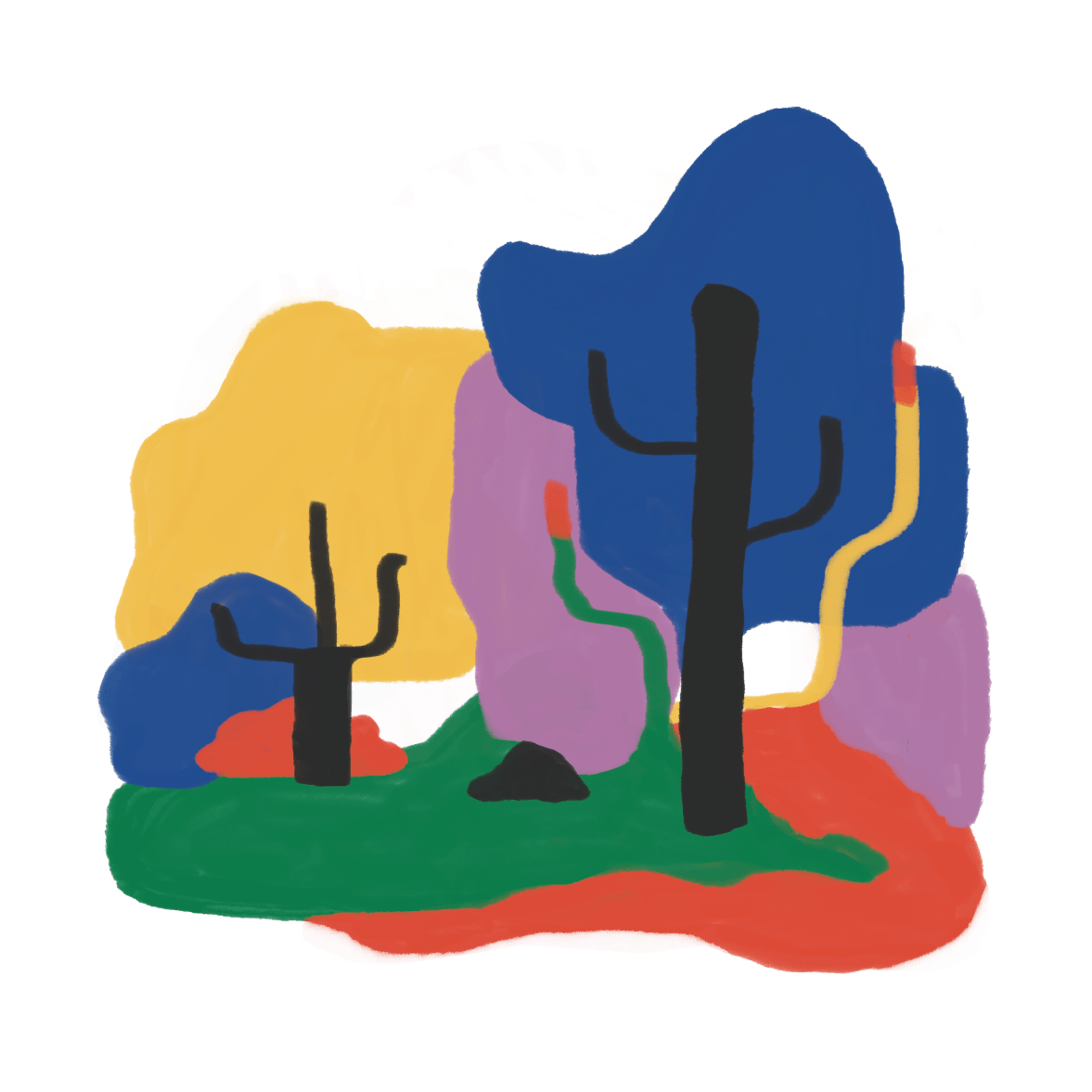 Illustration abstraite de plusieurs arbres de différentes tailles et couleurs, avec un fond multicolore et des formes géométriques.