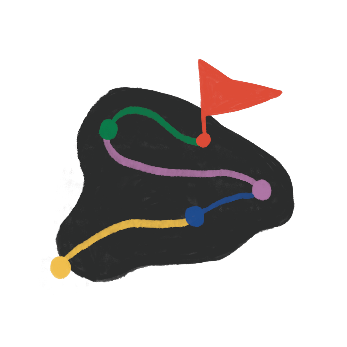 Un schéma illustrant un chemin coloré, avec un drapeau rouge à la fin du parcours.