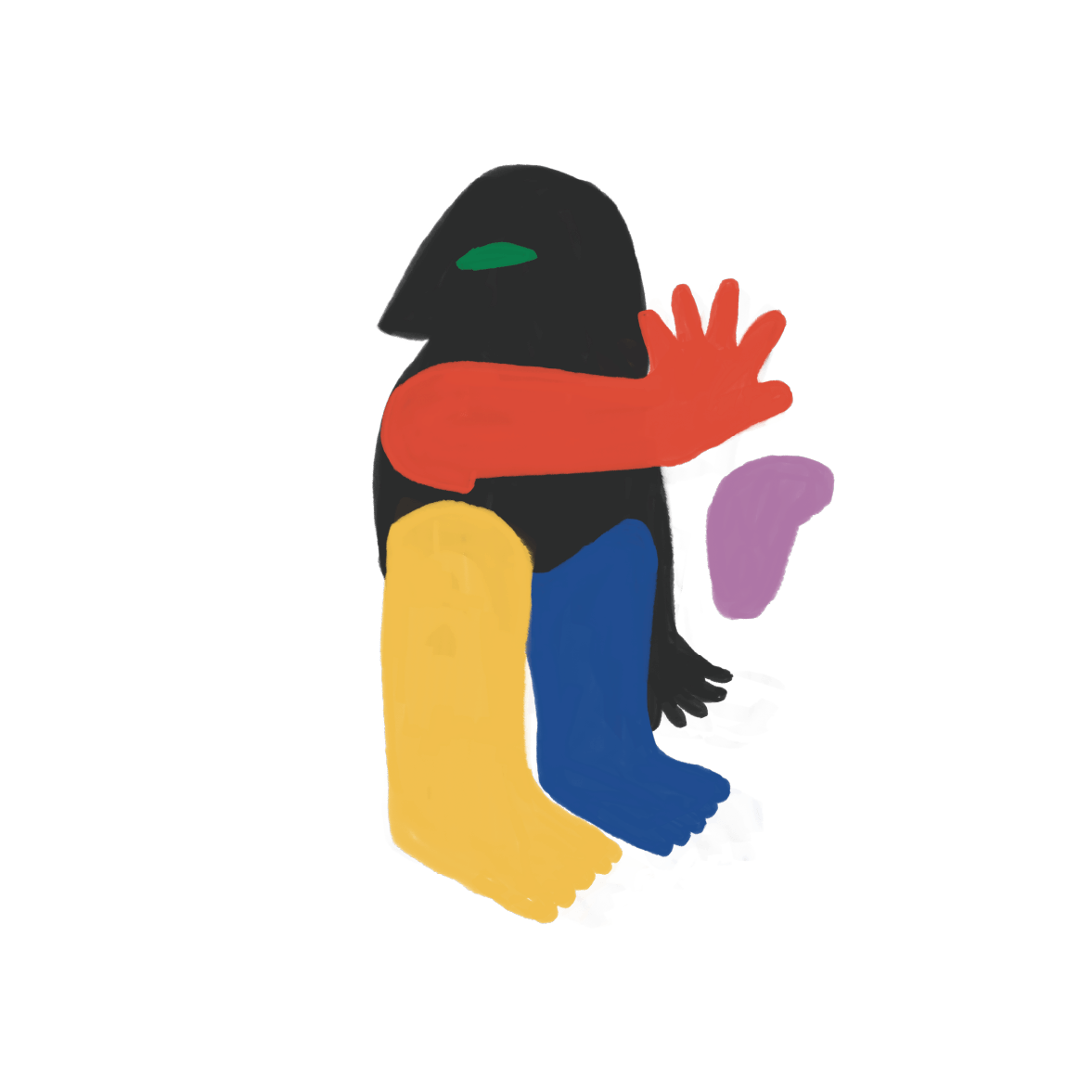 Illustration abstraite d'une figure humanoïde avec une tête noire, une main rouge, un bras jaune, un autre violet, et un vêtement bleu. Fond noir.