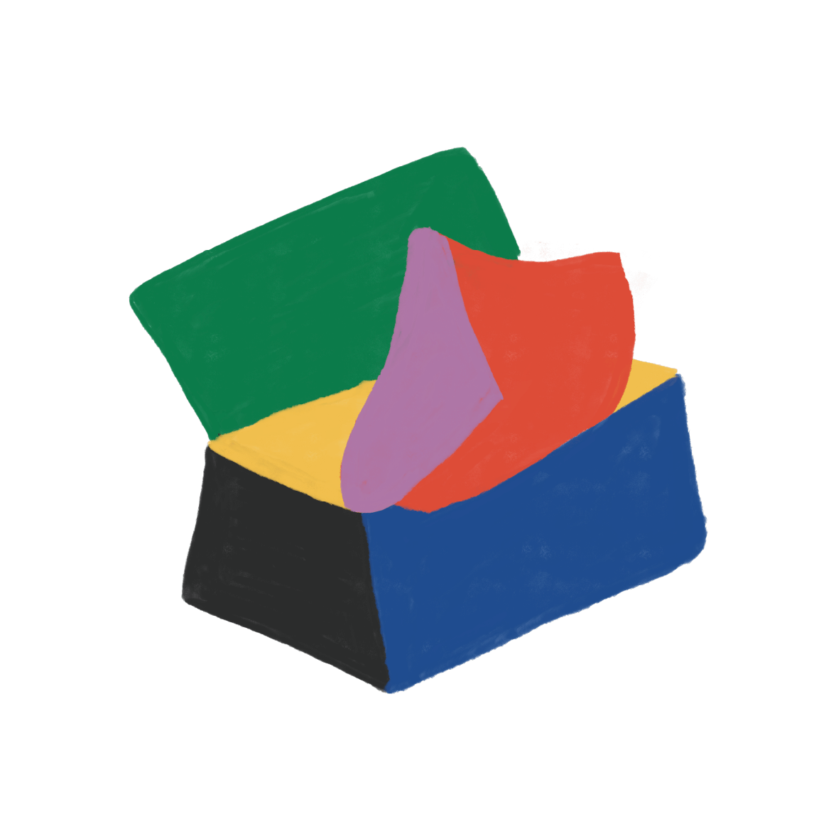 Représentation abstraite de différentes formes colorées empilées, incluant vert, violet, rouge, jaune, noir et bleu, dans un style artistique numérique.